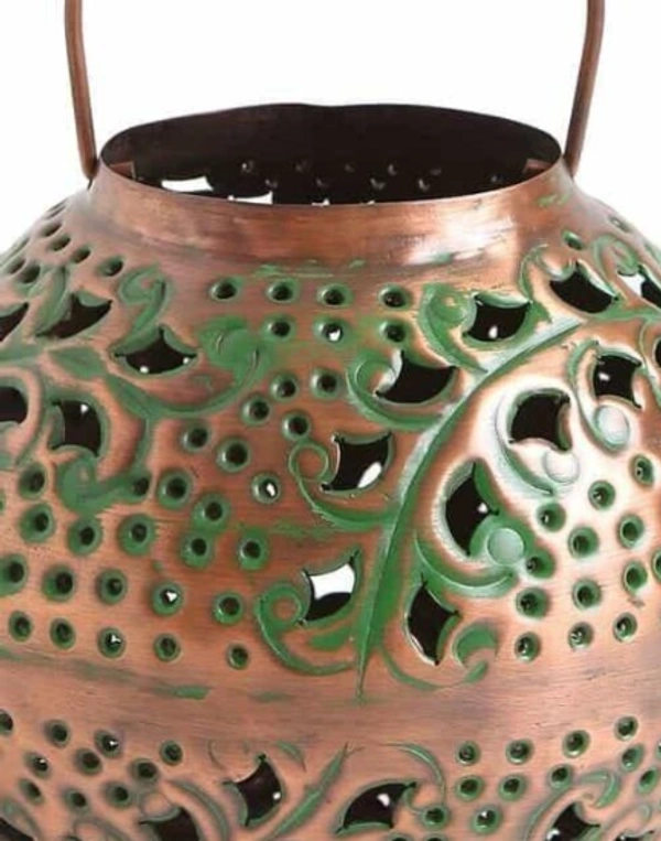 Antique Copper Iron Lantern With Handle In Green Patina Finish (Dia - 8in, H - 7.5in) - Free Size, Metal, Antique, Pack of 1